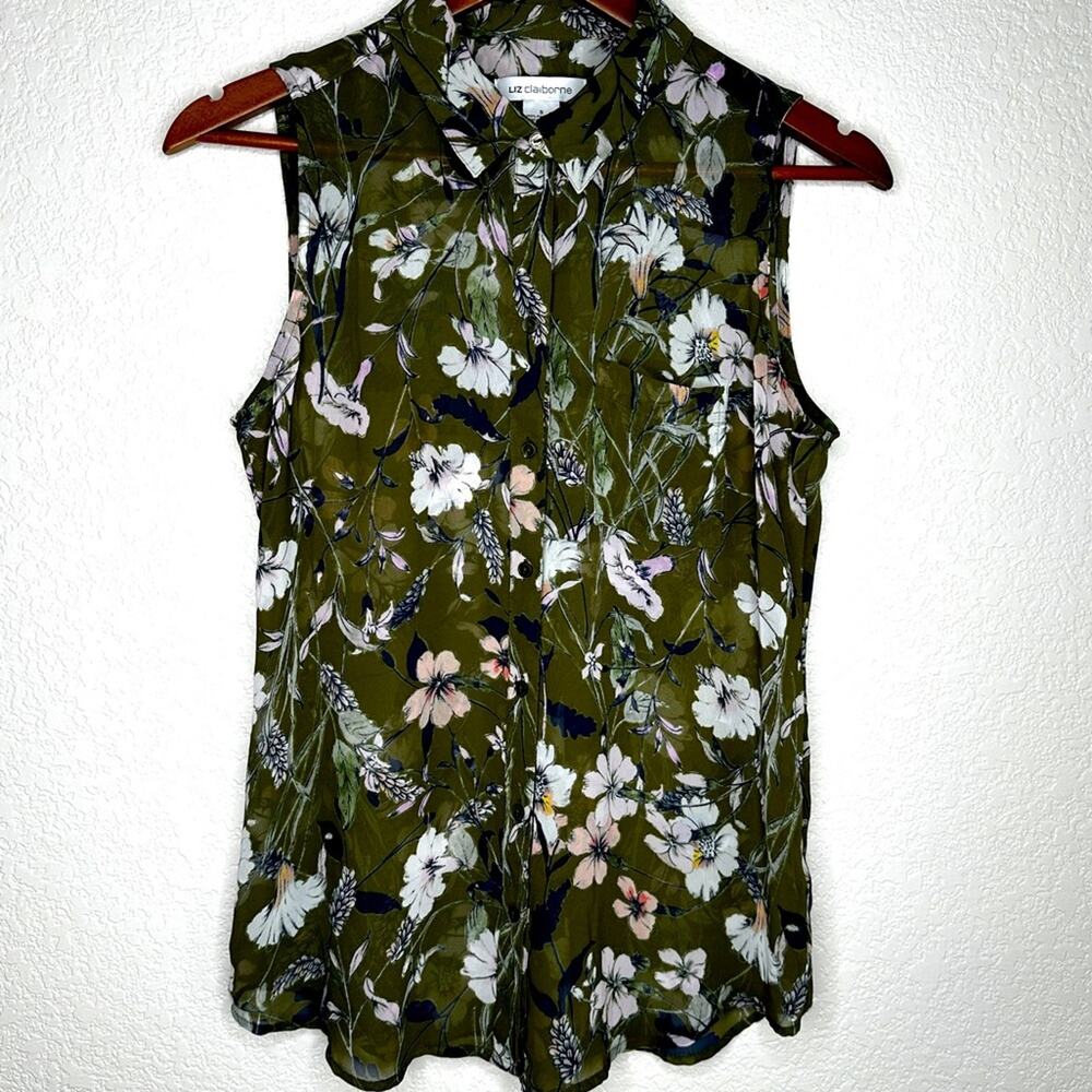 Liz‎ Claiborne Floral Sheer button down sleeveless top Sz Small